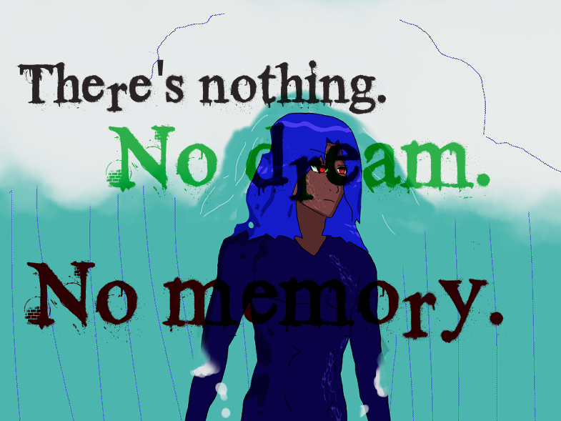antonio can't see the alt text but i shall tag it for him~ antonio who would hate me calling him 'my son' is my son who has blue hair like waves that's wetter than usual with aqua oceanic waves rising around him--however, it's still strangely dry!! it's due to him being an oceanic mage, of course. he looks a bit distant with brown skin, red eyes and a frown. the white cresting waves above him are a little like a falling crown. he is wearing a blue diver-like suit! and above, upon his visage and below it says, 'there's nothing. no dream, no memory.' he is very dramatic after all... or are those alejandro altaha's thoughts? oh dear.